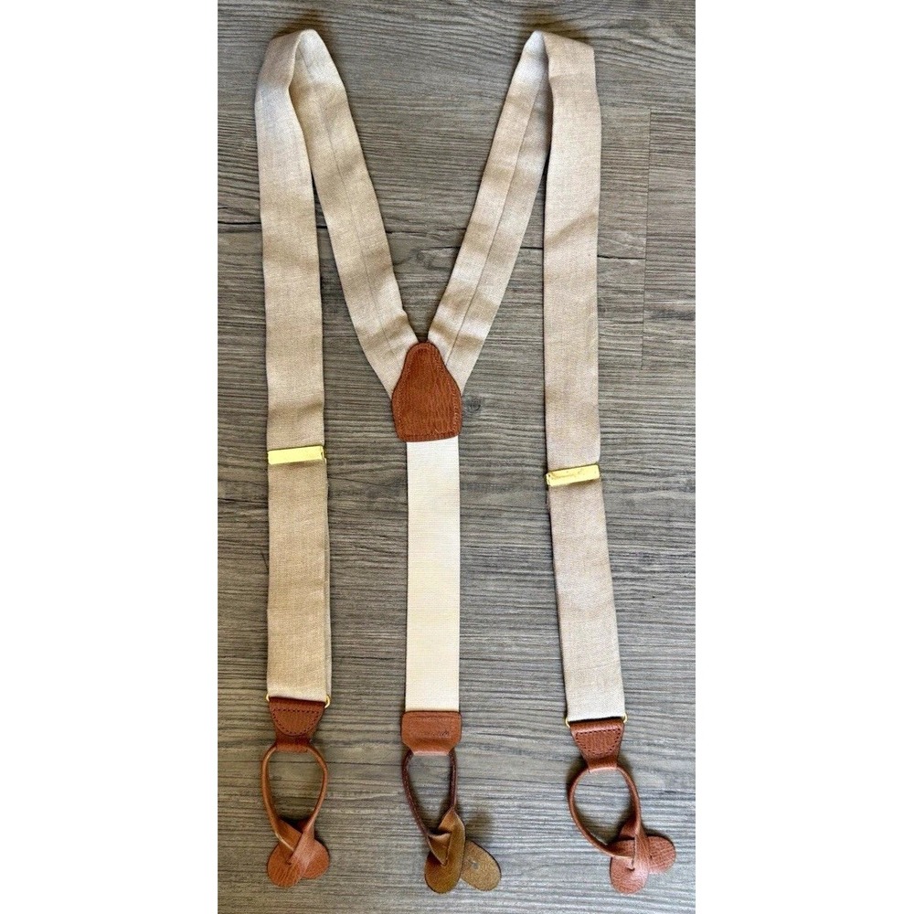 Vintage Beige Linen  Button Suspenders Braces Leather Tabs Y Back Wedding